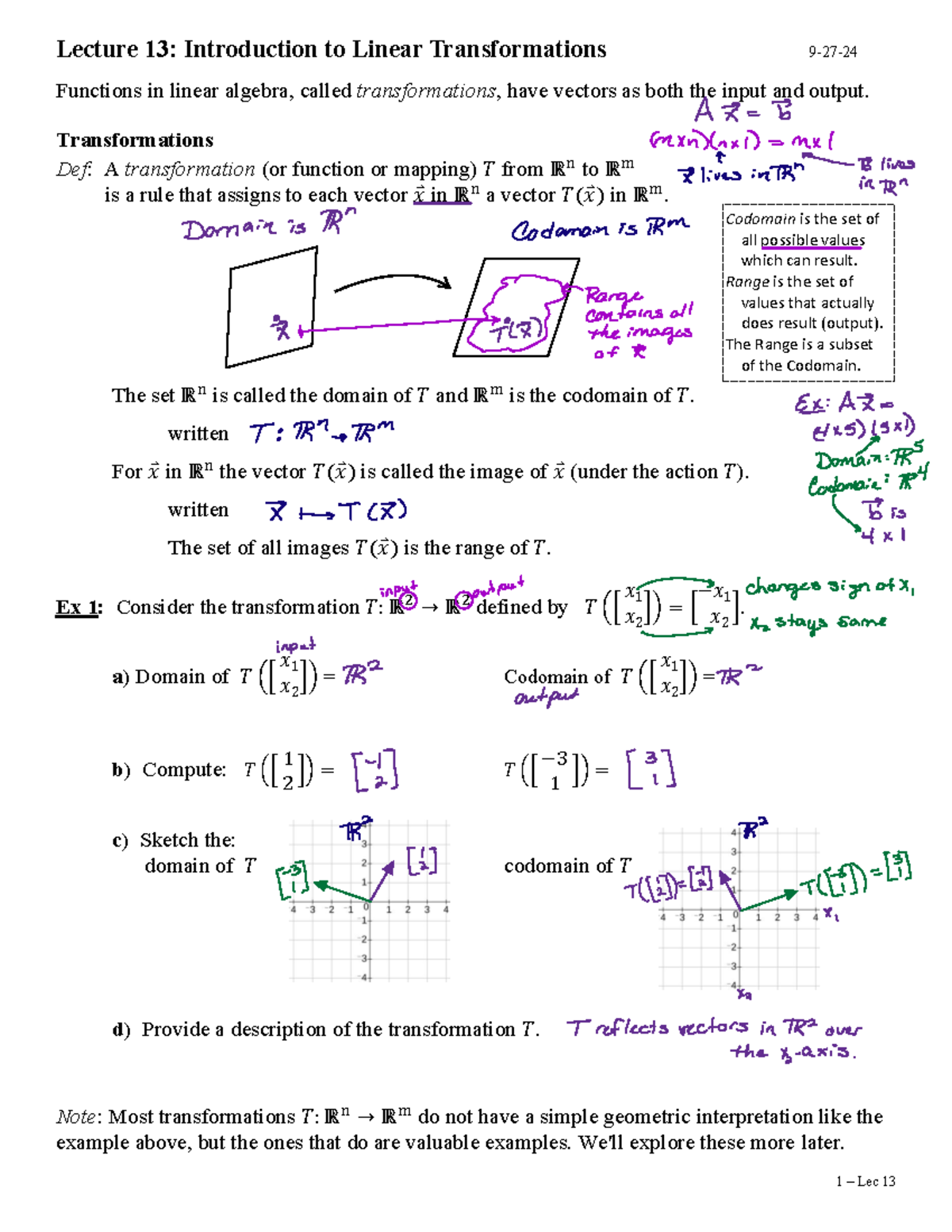 Lecture 13: Introduction to Linear Transformations - MATH 101 - 1 – Lec ...