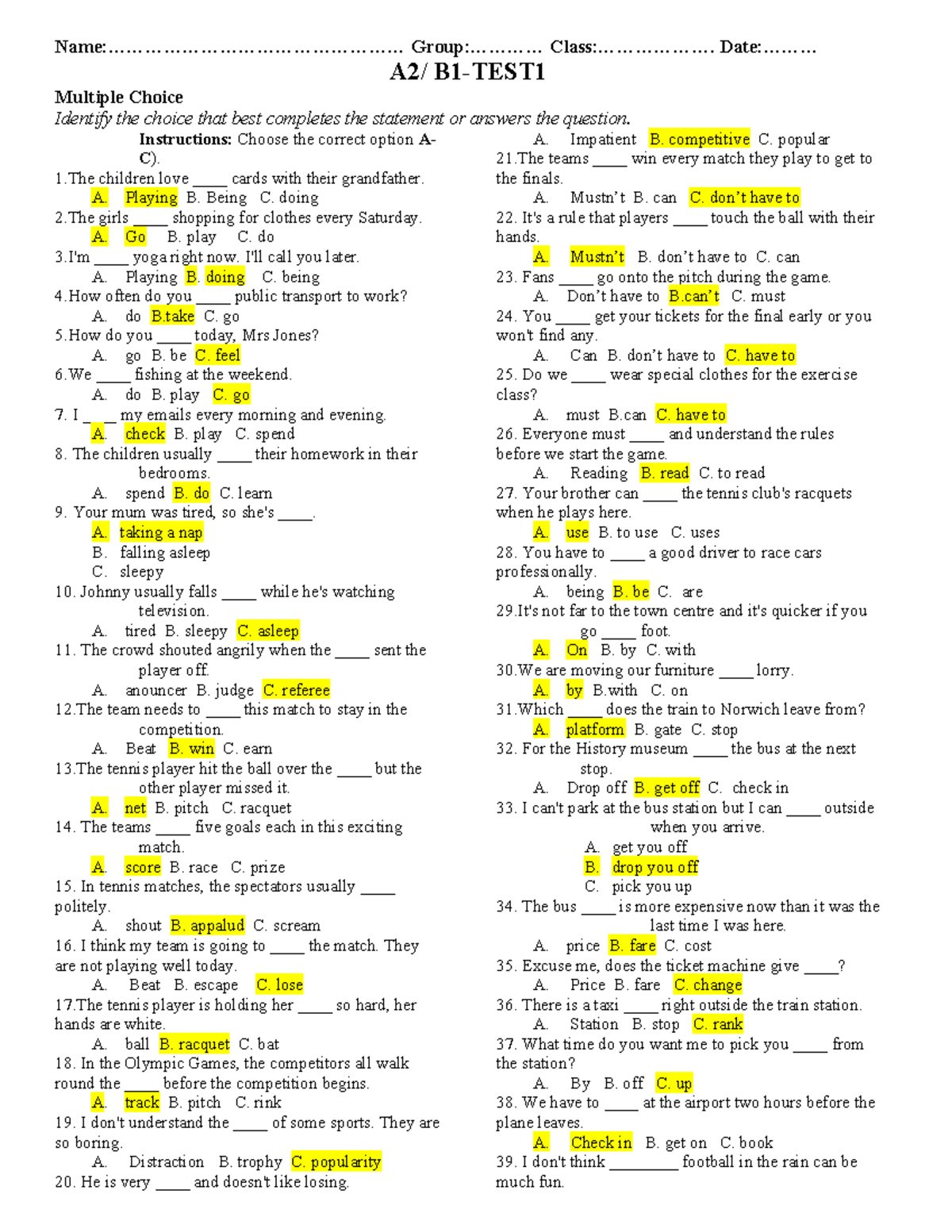 TEST 1 - Multiple Choice Questions for English Language Skills - Studocu