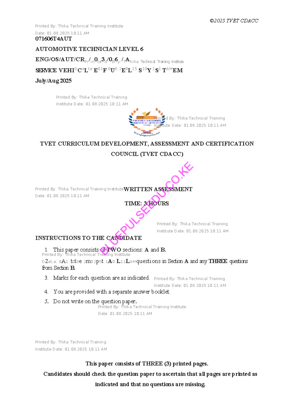 Service Vehicle Fuel System Level 6 Assessment - TVET CDACC - Studocu