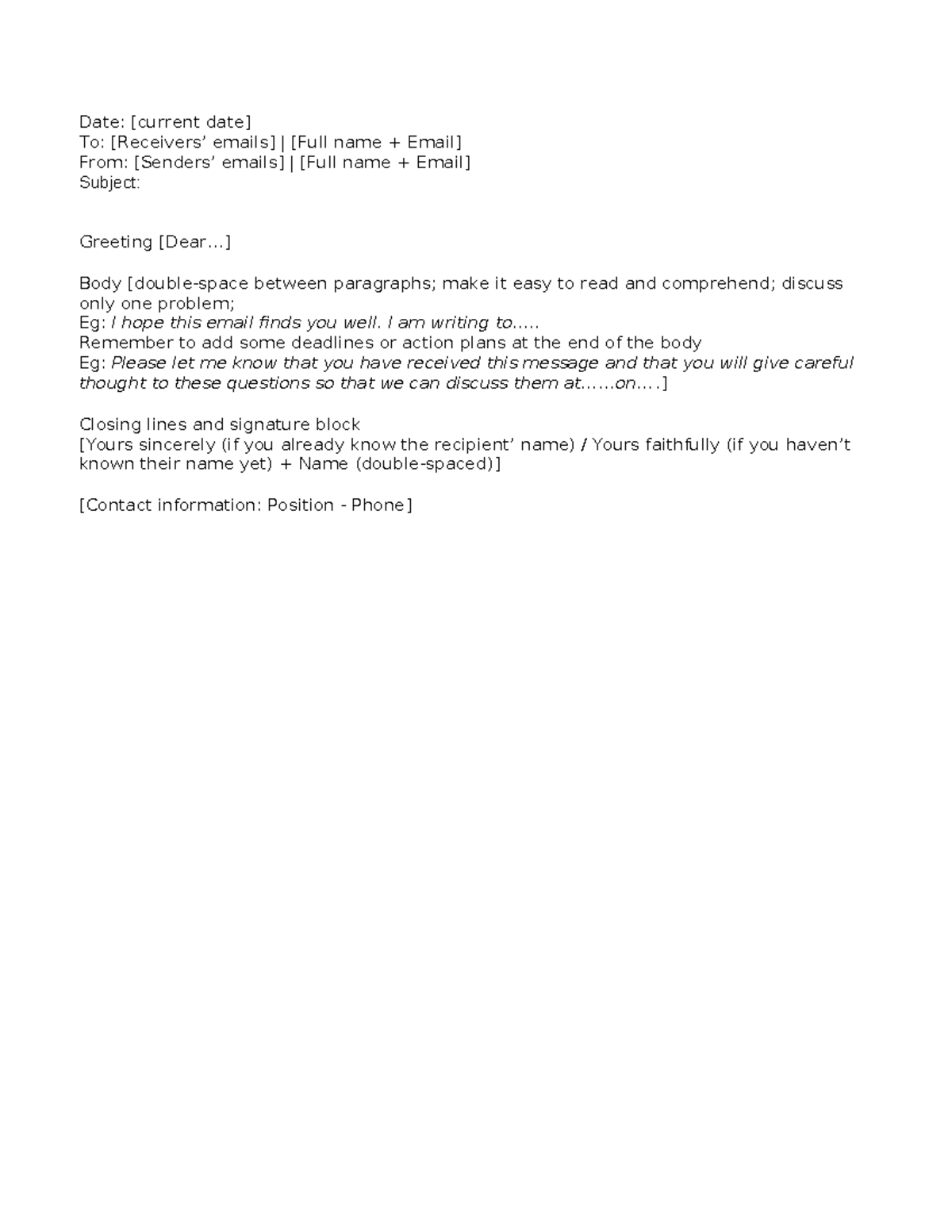 Mẫu viết email - cấu trúc email - Date: [current date] To: [Receivers ...