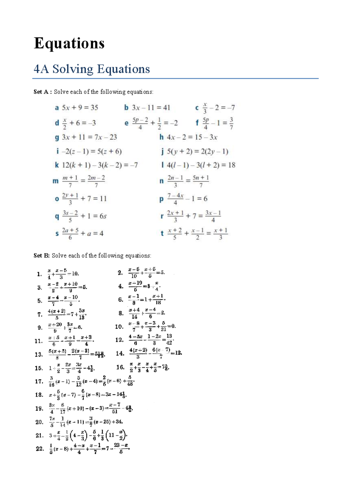 Equations 4A: Solving Equations and Word Problems Set A & B - Studocu