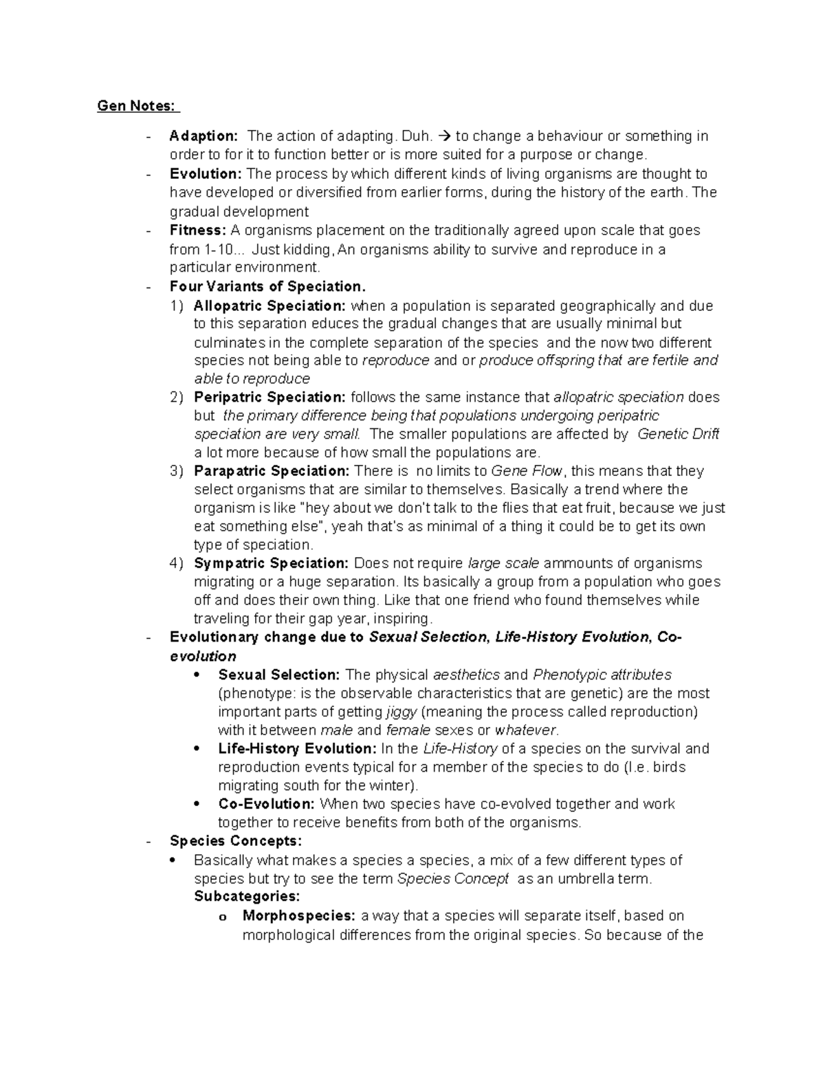 Biol 2400 - A.M Final Exam Chapter Notes on Evolution and Speciation ...
