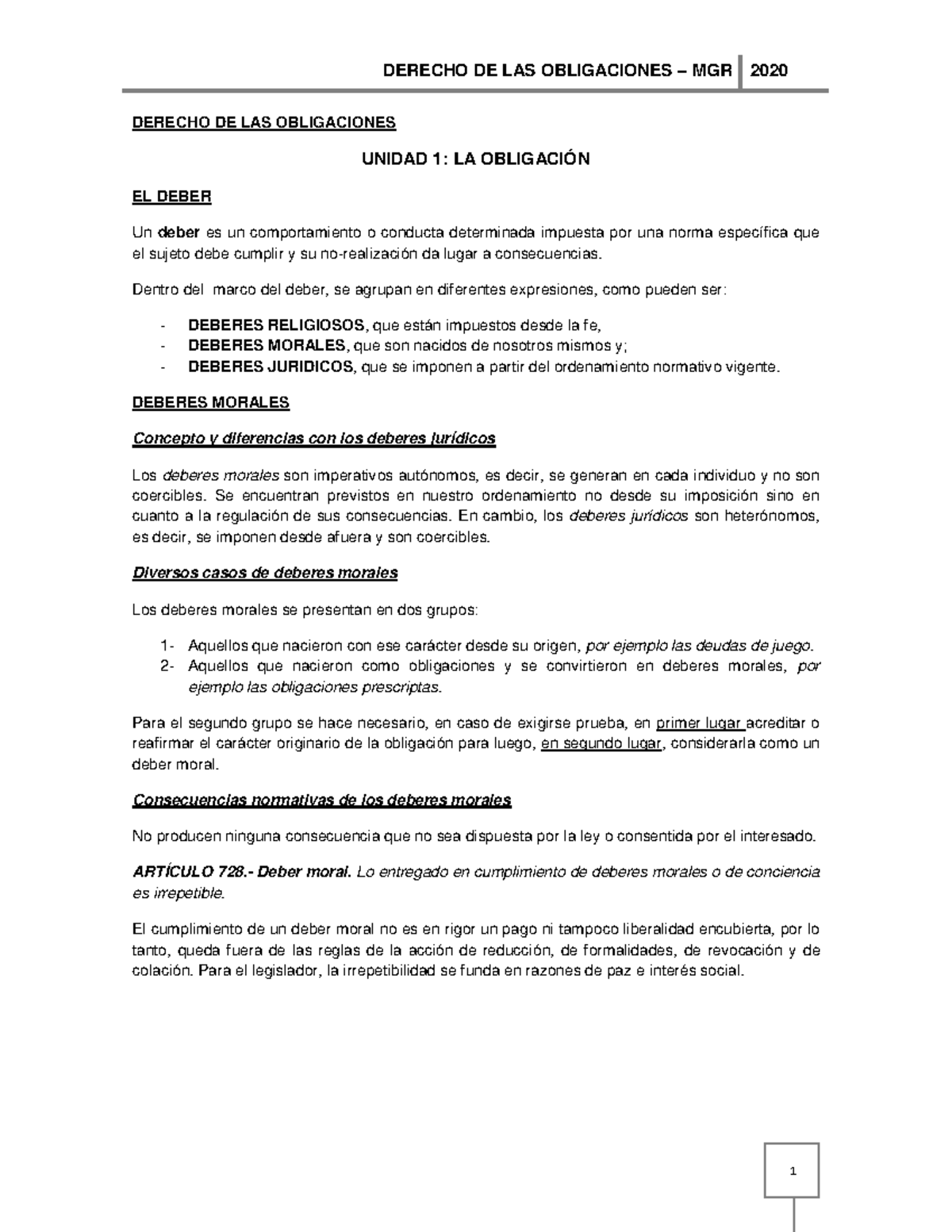 Resumen de Derecho de las Obligaciones MGR 2020 - Unidad 1 a 3 - Studocu