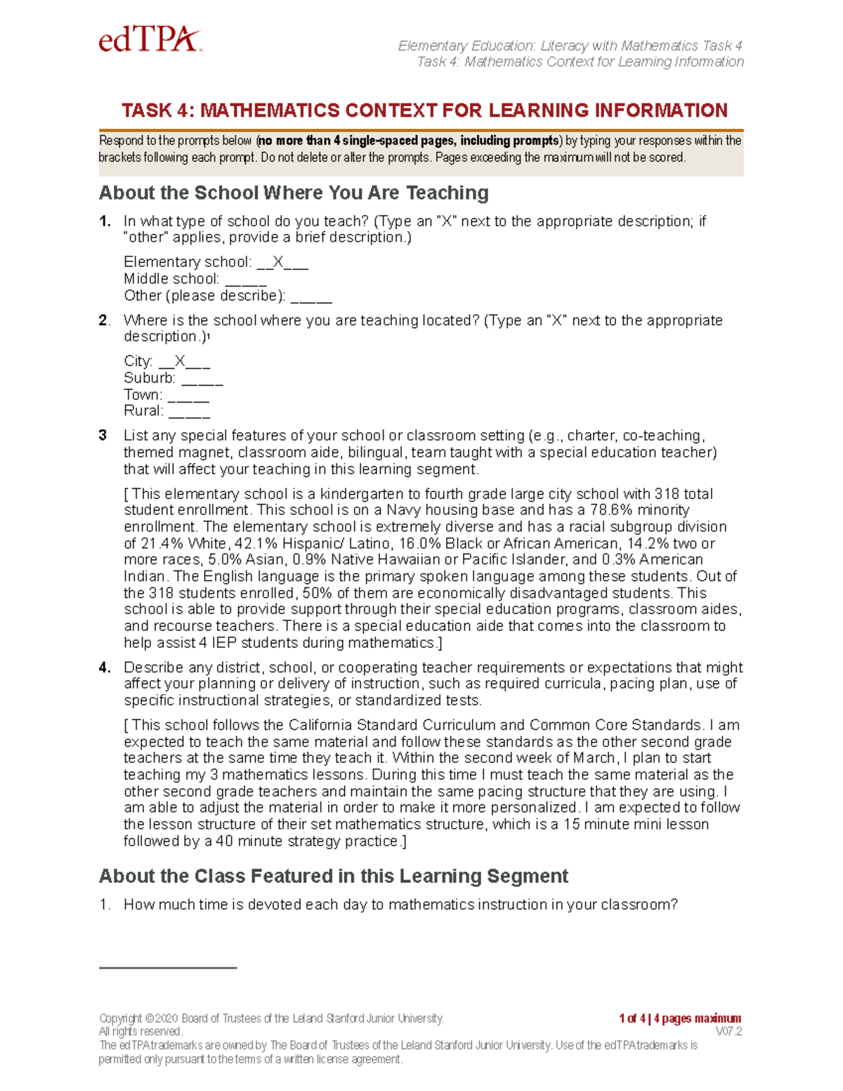 Task 4 Part A: Math Context for Learning in 2nd Grade Classroom - Studocu