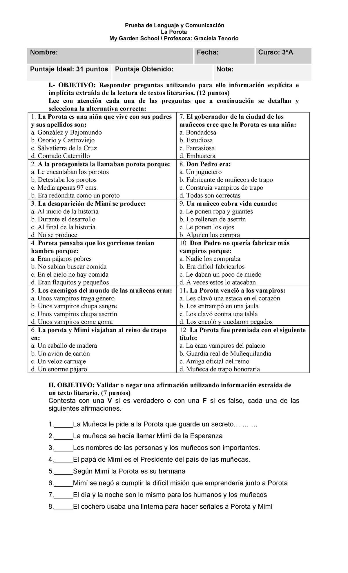 3ºA La Porota - Prueba de Lenguaje y Comunicación - Document Preview