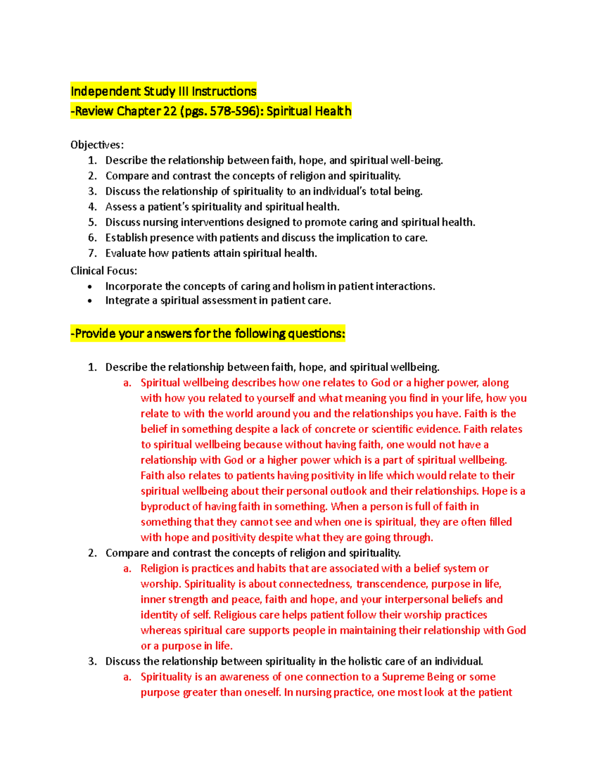 Independent Study 3: Spiritual Health Insights and Objectives - Studocu