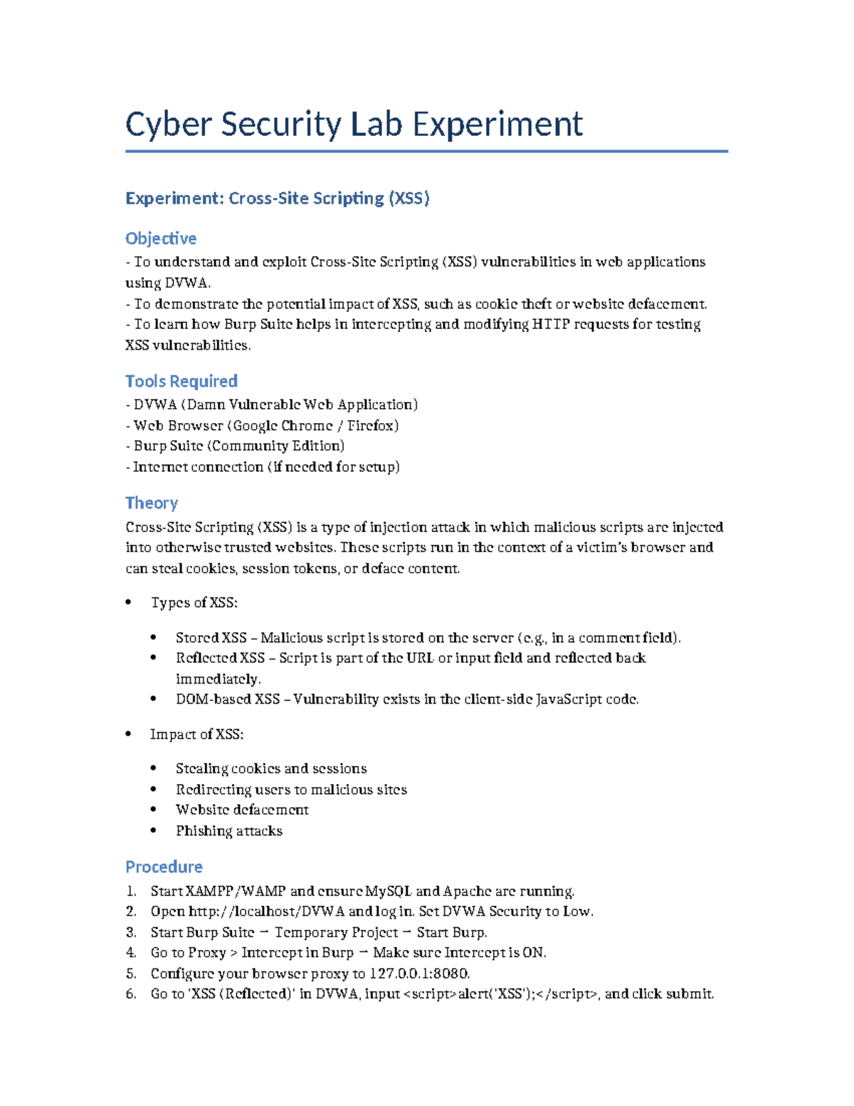 Cyber Security Lab: XSS Exploitation Experiment (CS101) - Studocu