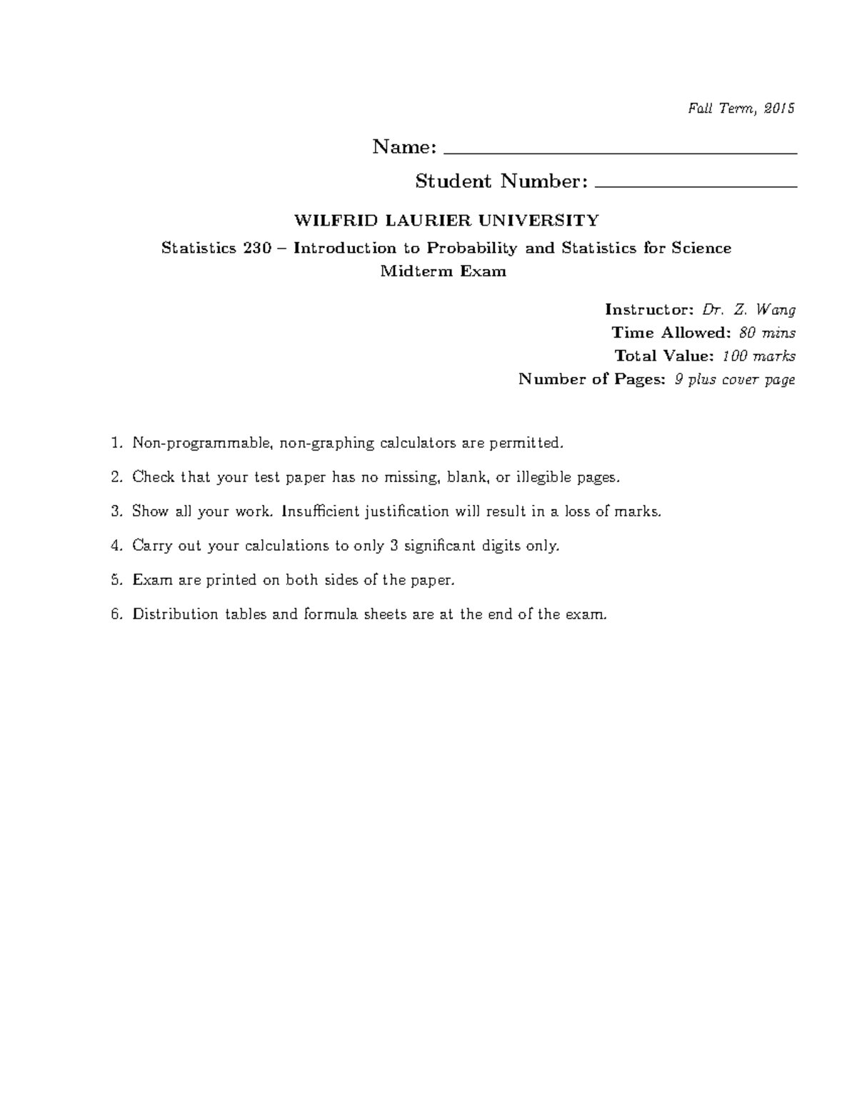 Midterm Exam ST 230 - Intro to Probability & Statistics Fall 2015 - Studocu