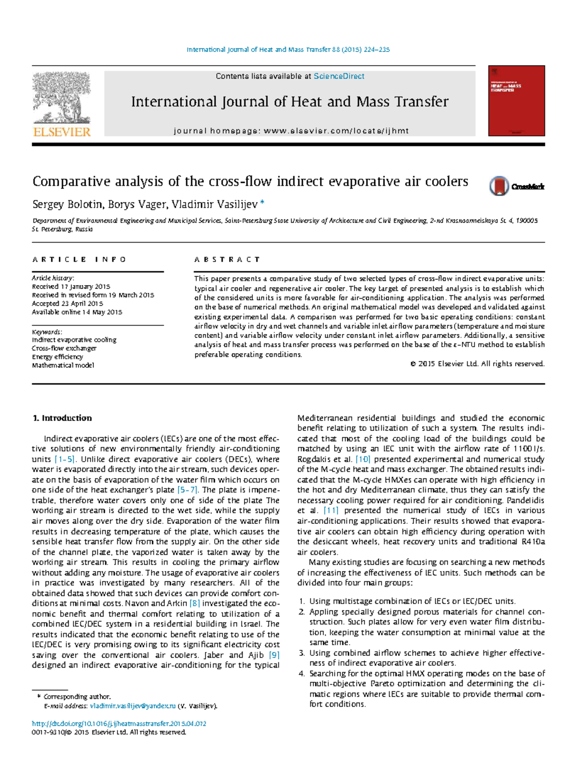 Comparative Study of Indirect Evaporative Air Coolers: Numerical ...