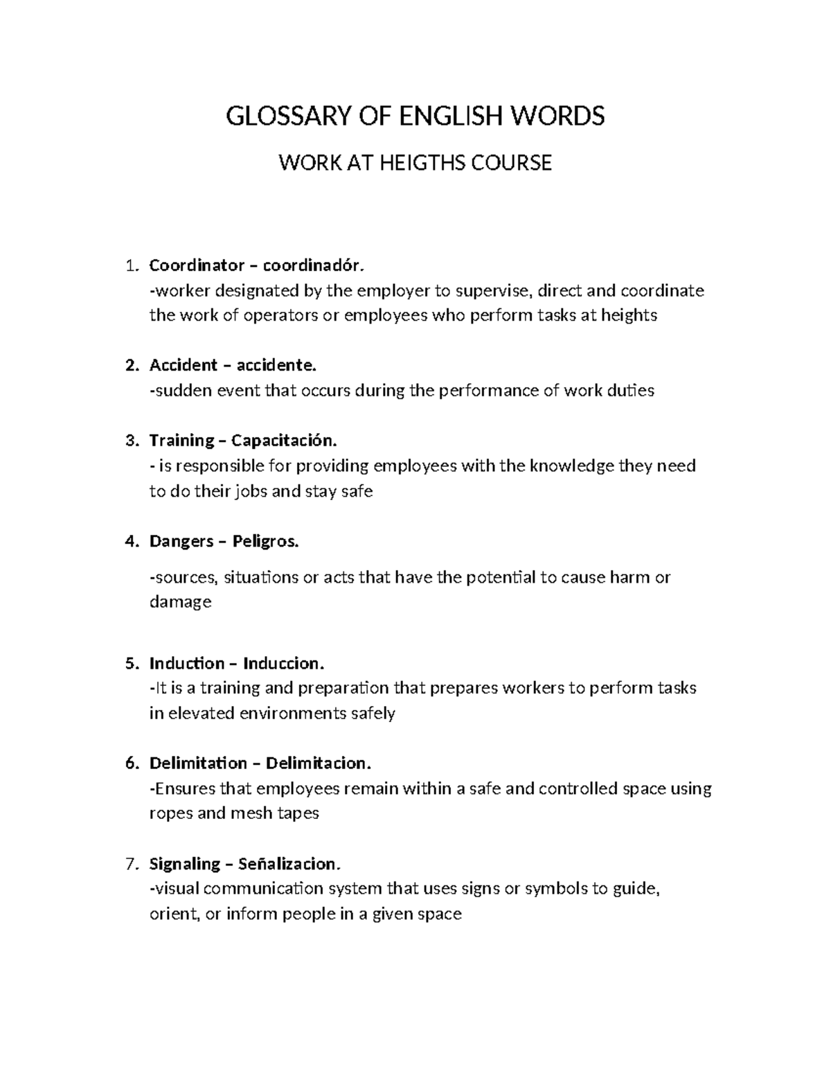 Glossary of English Terms for Work at Heights - Course 1 - Studocu