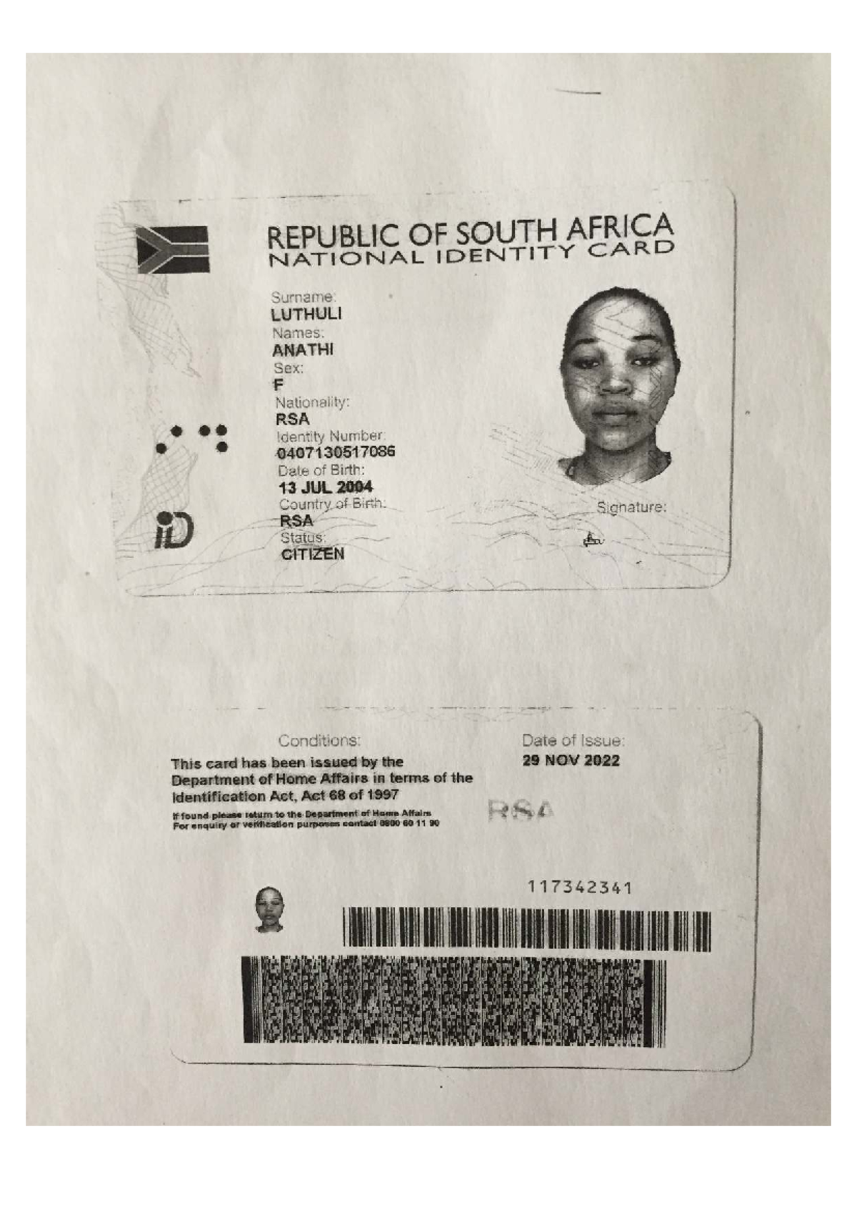 RSA National Identity Card Details for Course Reference - Studocu