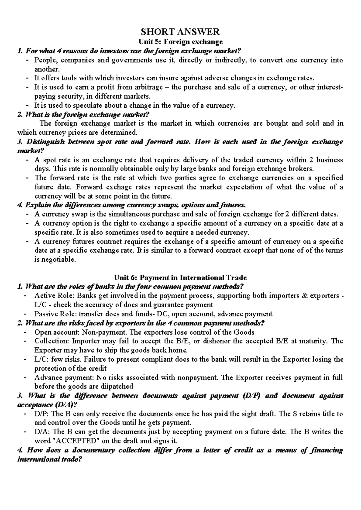 Short Answer - Unit 5: Foreign Exchange & Payment Methods - Studocu