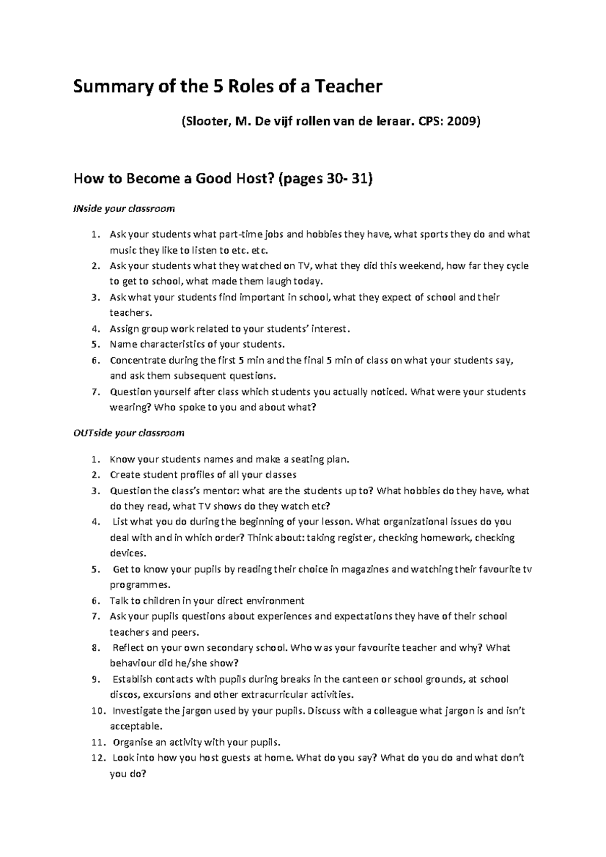 5 Roles of a Teacher: Host Overview (Slooter, 2009) - Studeersnel