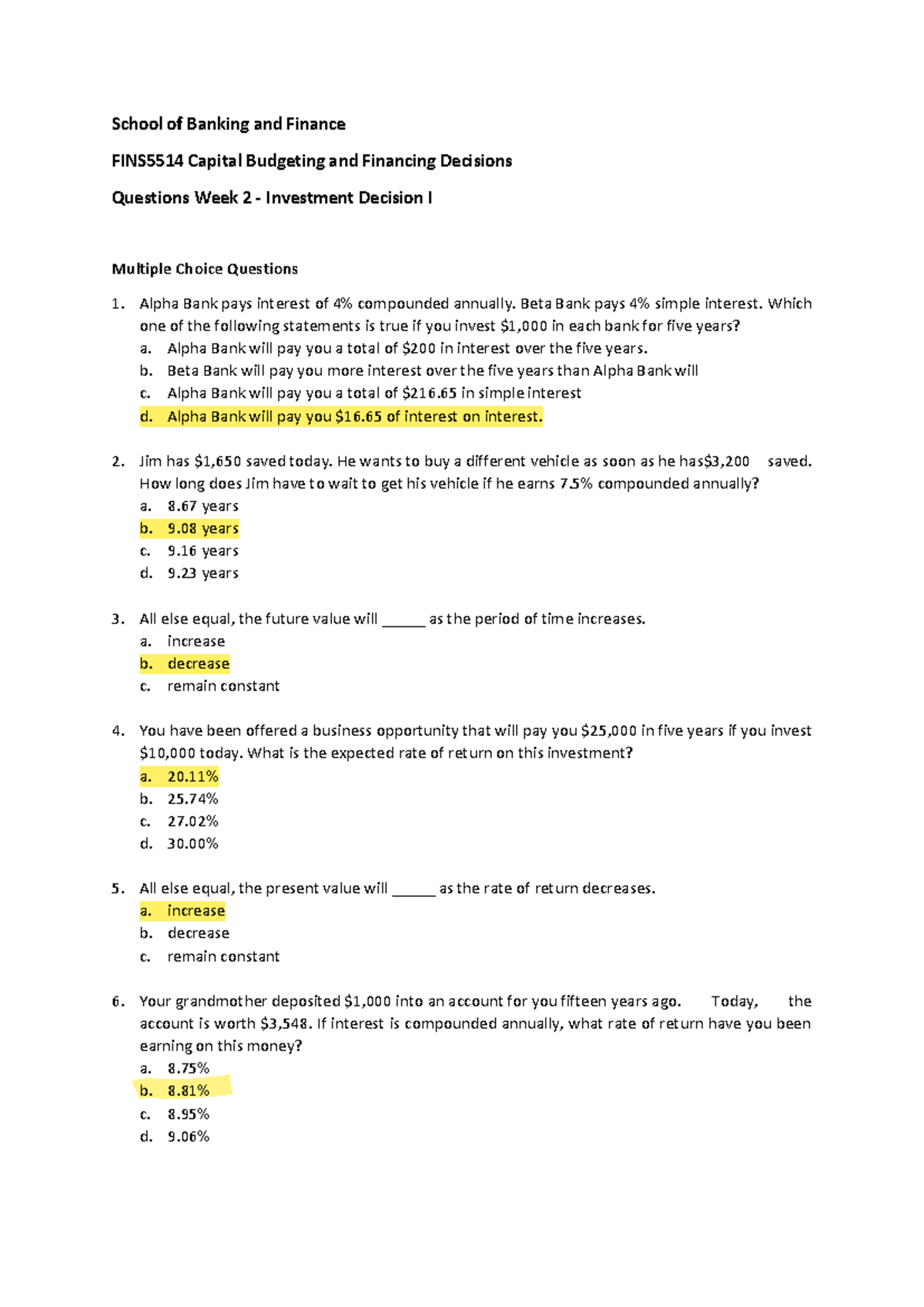 FINS5514 Week 2 - Capital Budgeting & Financing MCQs - Studocu