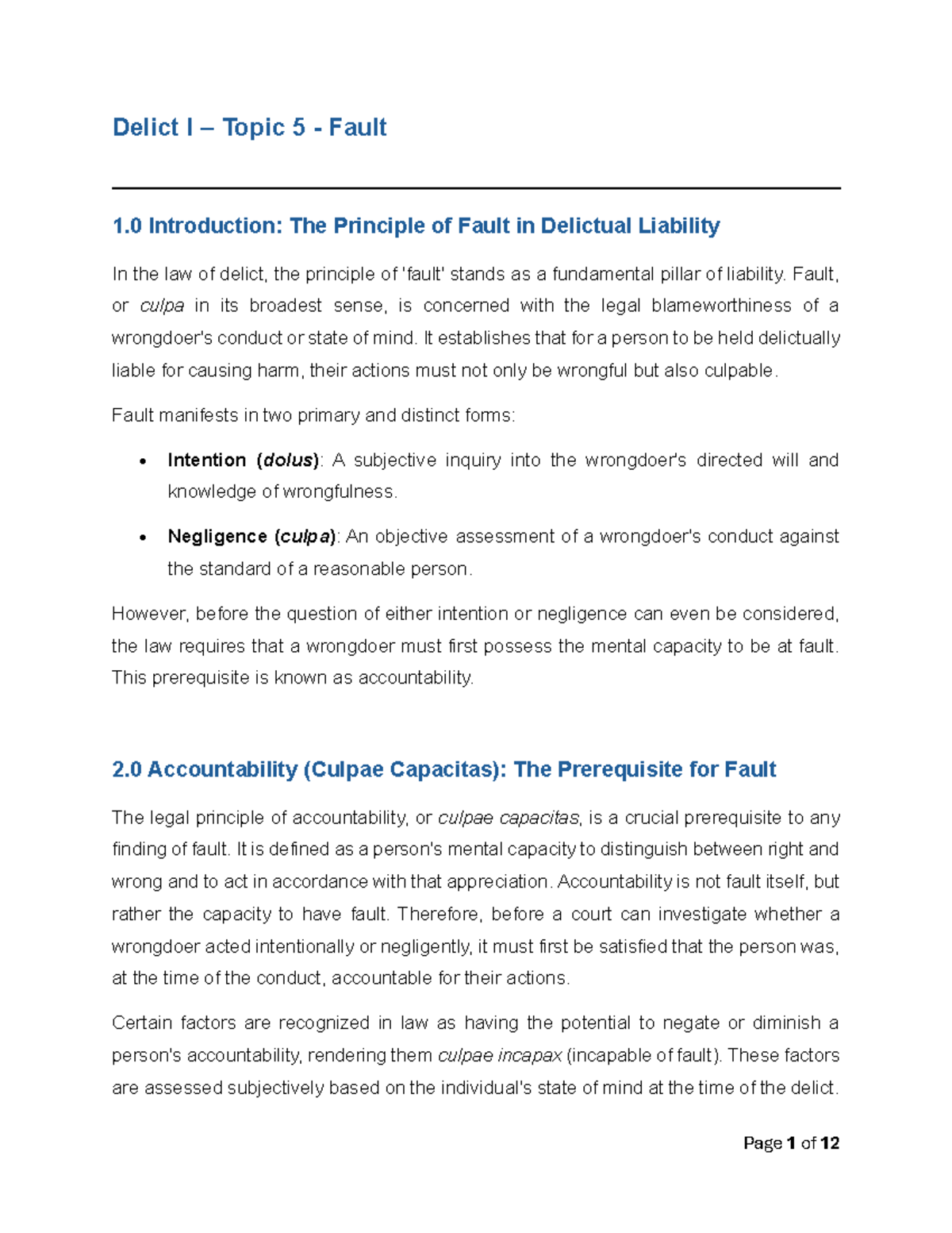 Delict I: Topic 5 - Understanding Fault and Accountability in Delictual ...