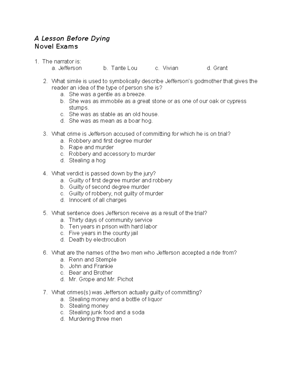 ALBD Exam - Test on A Lesson Before Dying (Novel Study) - Studocu