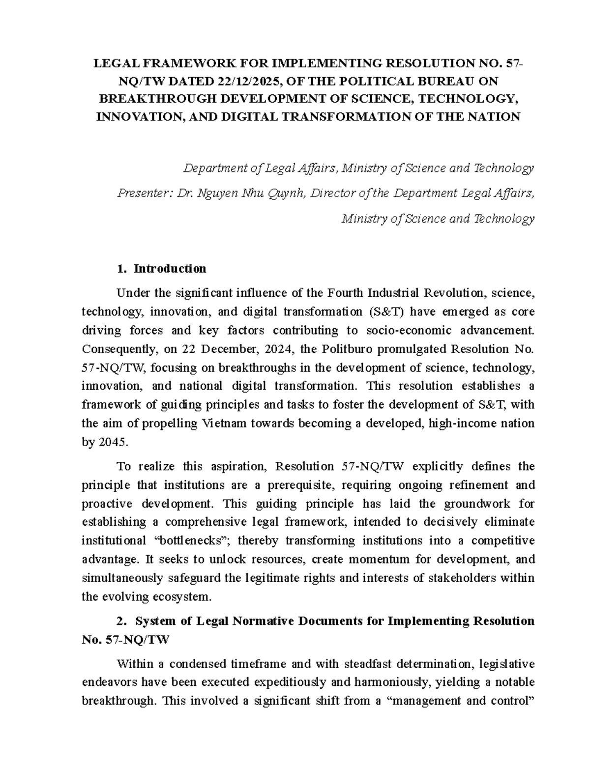 Legal Framework for Implementing Resolution No. on Science, Tech, and ...