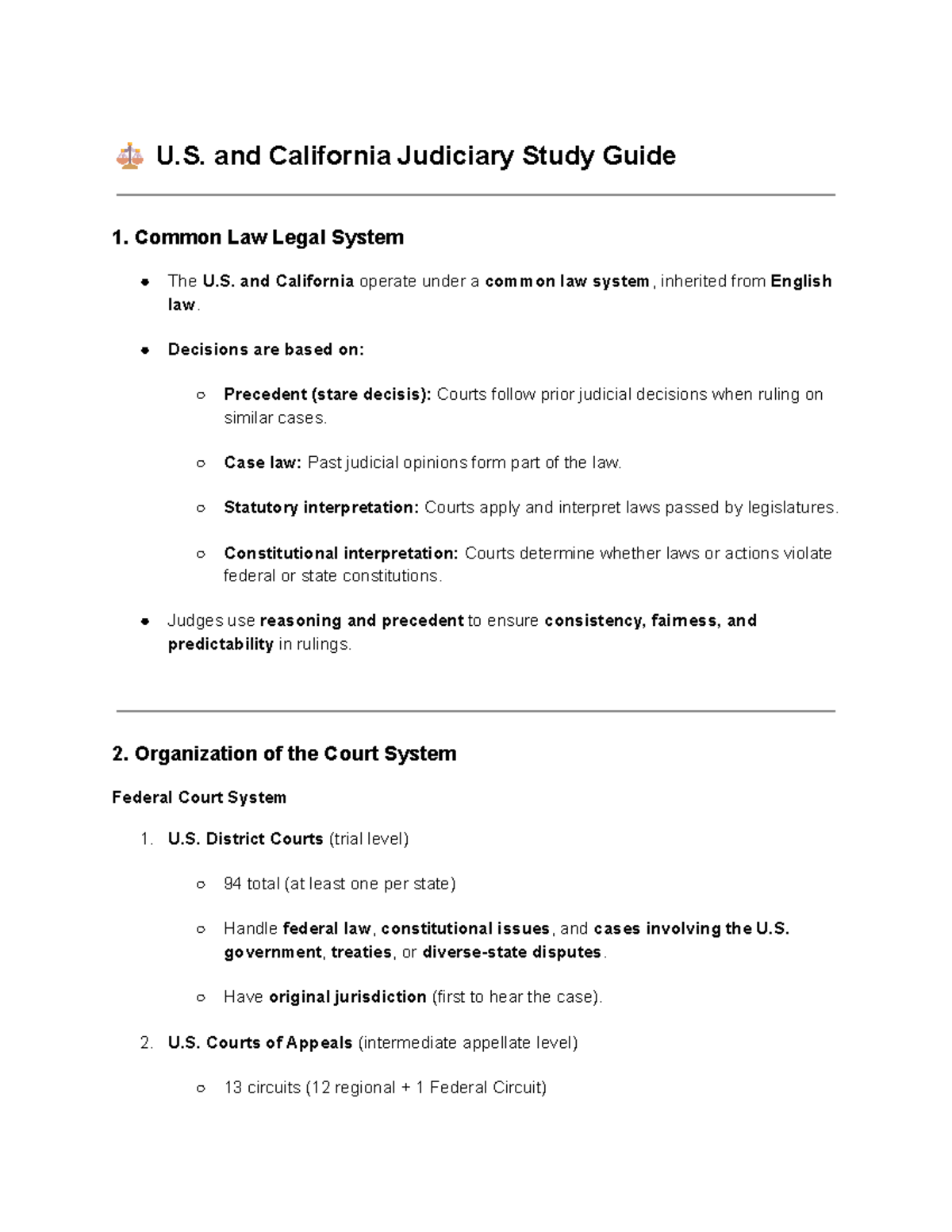 U.S. and California Judiciary Study Guide: Common Law & Precedent - Studocu