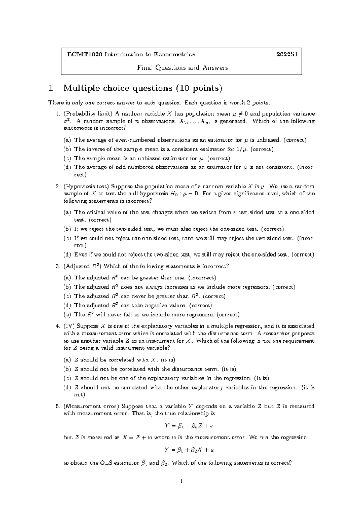 ECMT1020 2022S1 Final Exam Q&A: Econometrics Concepts Explained - Studocu