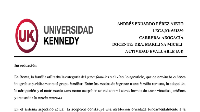 Derecho Romano: Comparativa de Adopción y Adrogación (A4) - Studocu