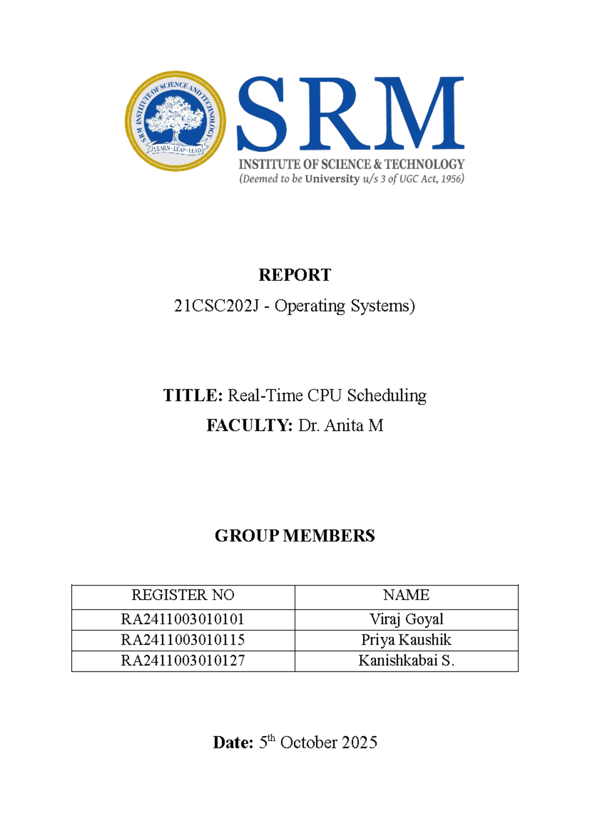 21CSC202J Final Report on CPU Scheduling in Operating Systems - Studocu