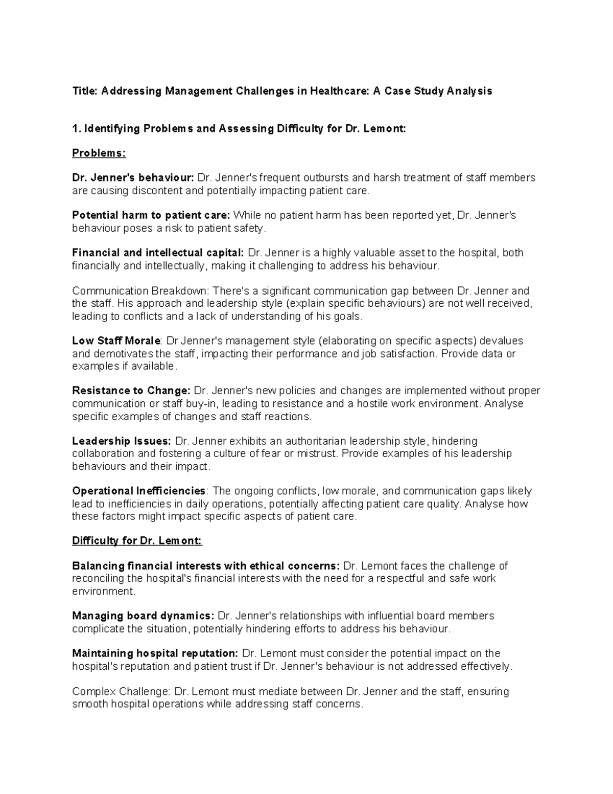 The Jenner Situation 6: Analyzing Management Challenges in Healthcare ...