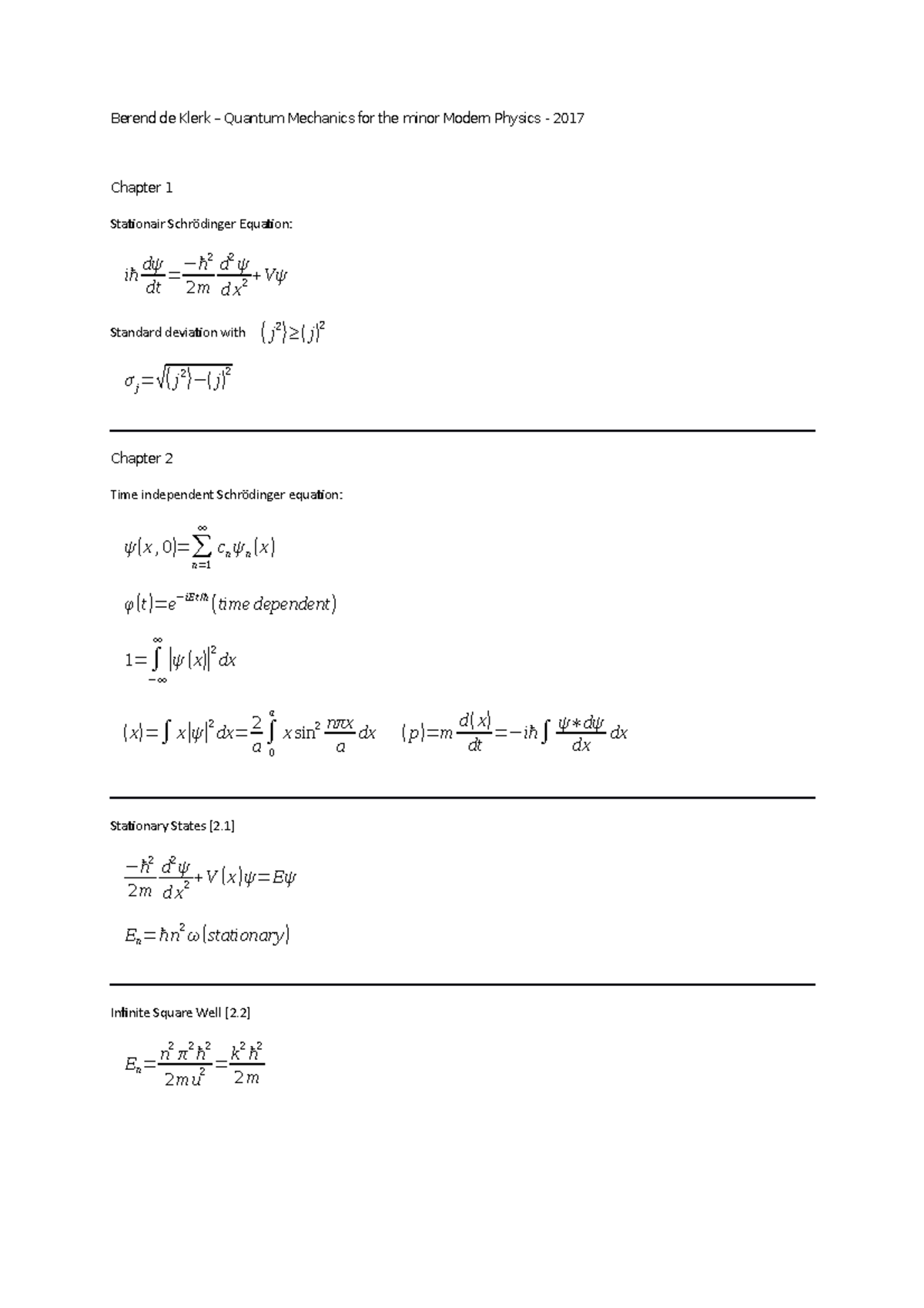 Summary of Quantum Mechanics: Key Concepts and Equations (PHYS 101 ...