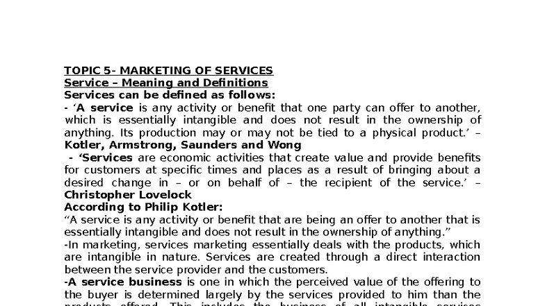 Topic 5: Marketing of Services - Definitions and Key Concepts - Studocu