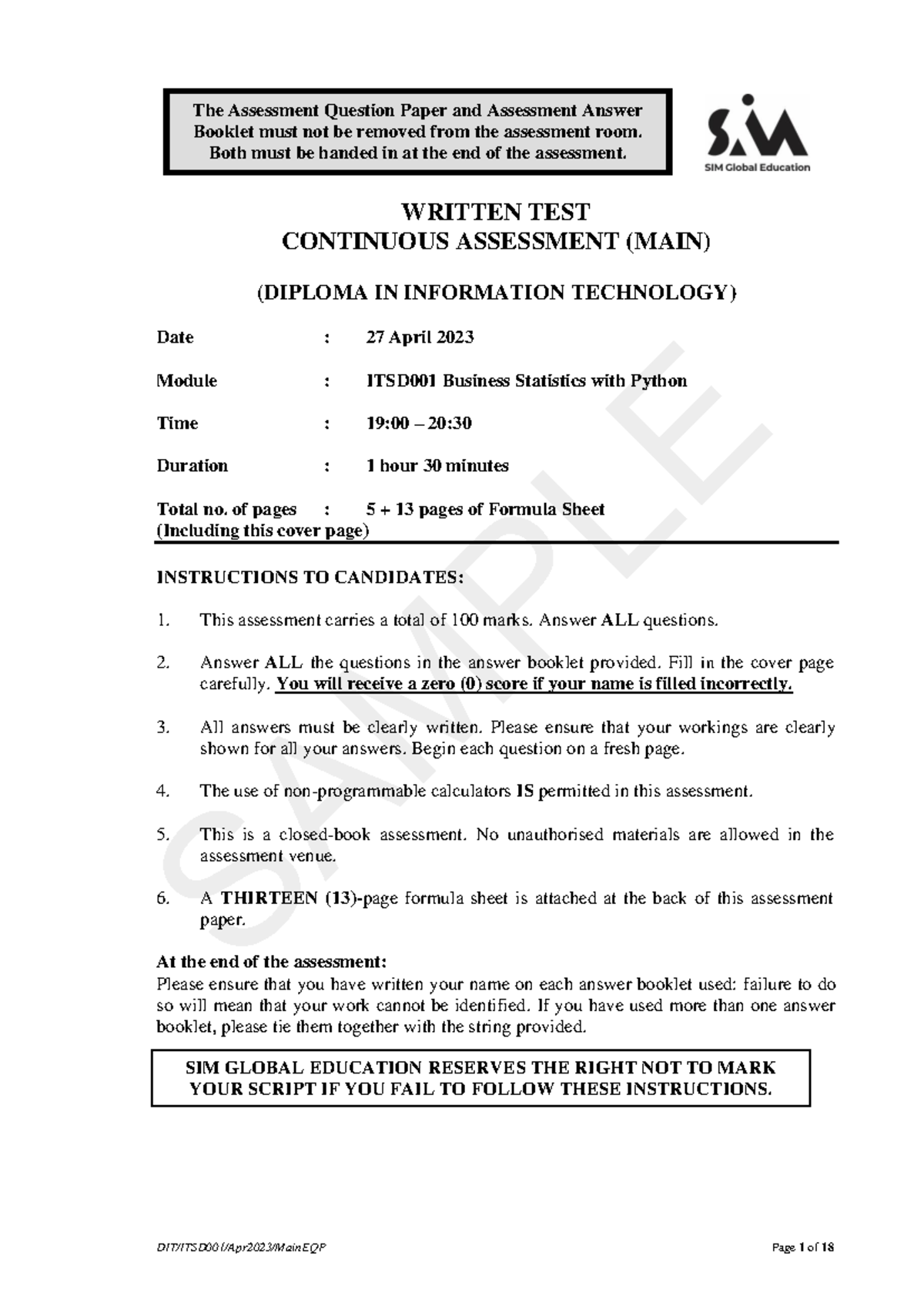 2314 DIT ITSD001 Final Exam: Business Stats with Python Assessment ...