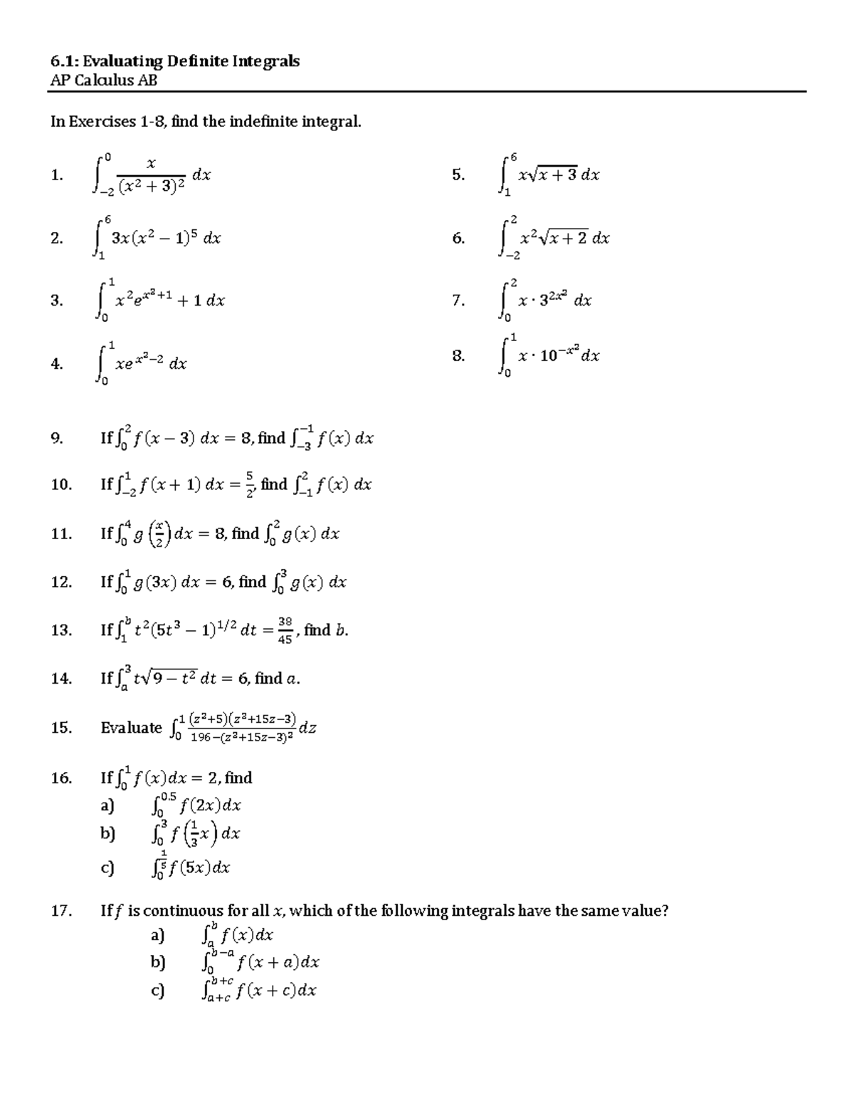 6.1: Evaluating Definite Integrals - AP Calculus AB Worksheet - Studocu