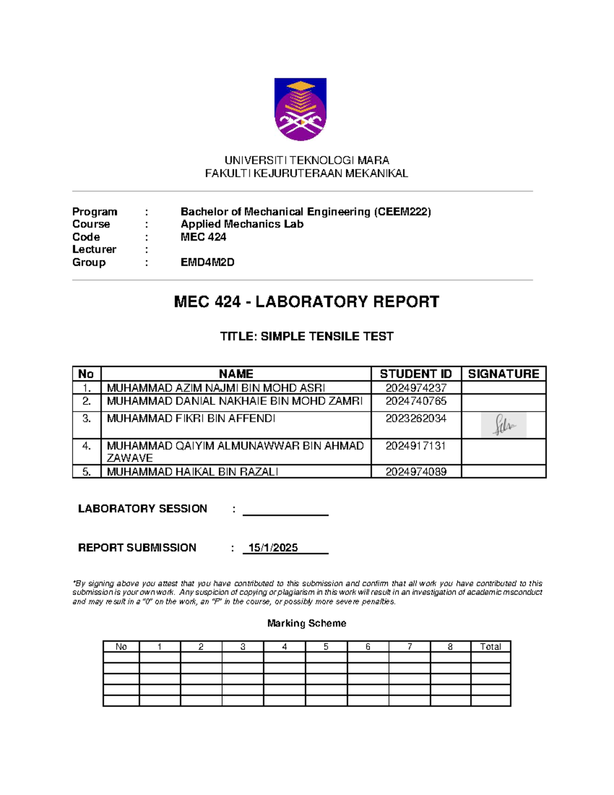 Tensile Test Report for MEC 424: Analyzing Material Behavior - Studocu