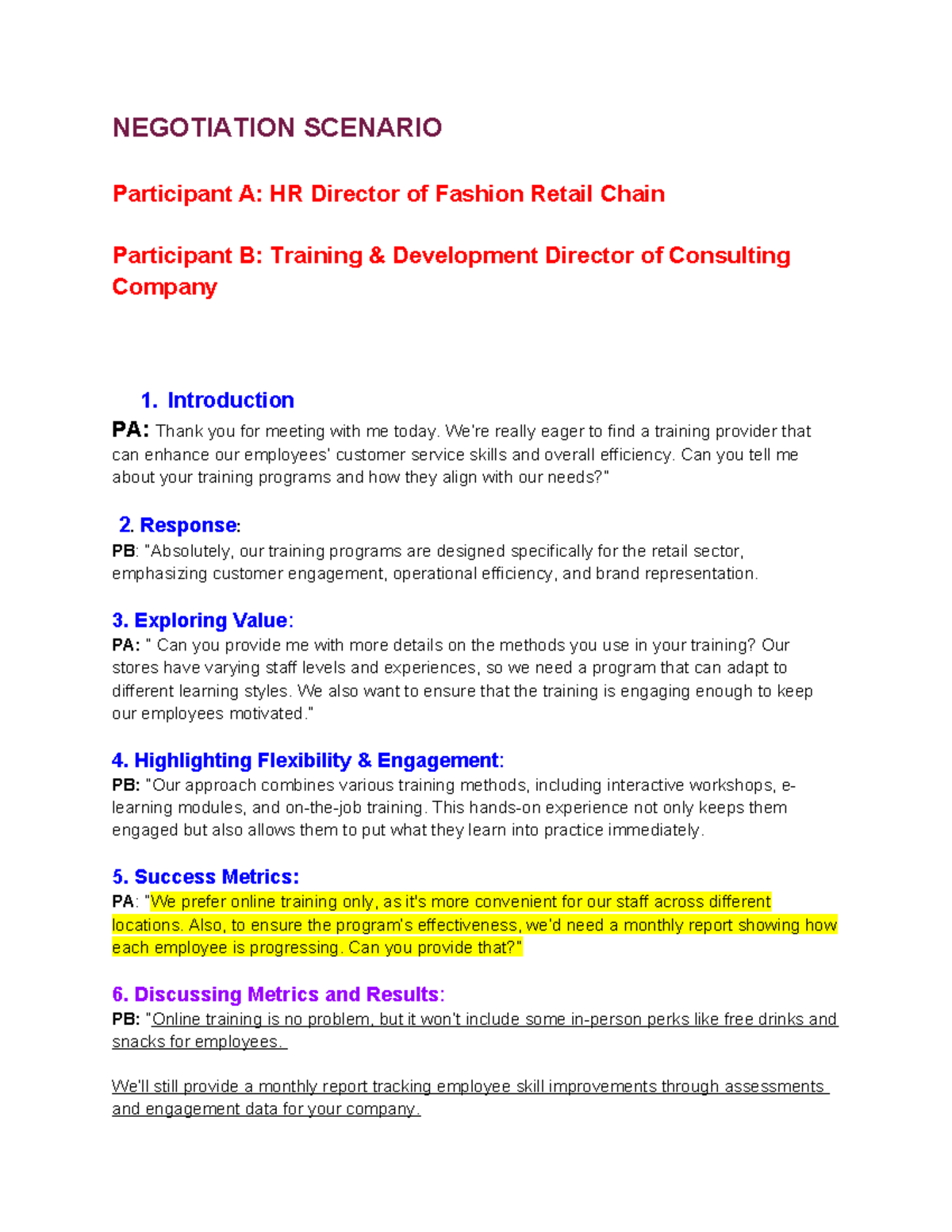 Negotiation Scenario: Training Program Discussion for HR & Consulting ...