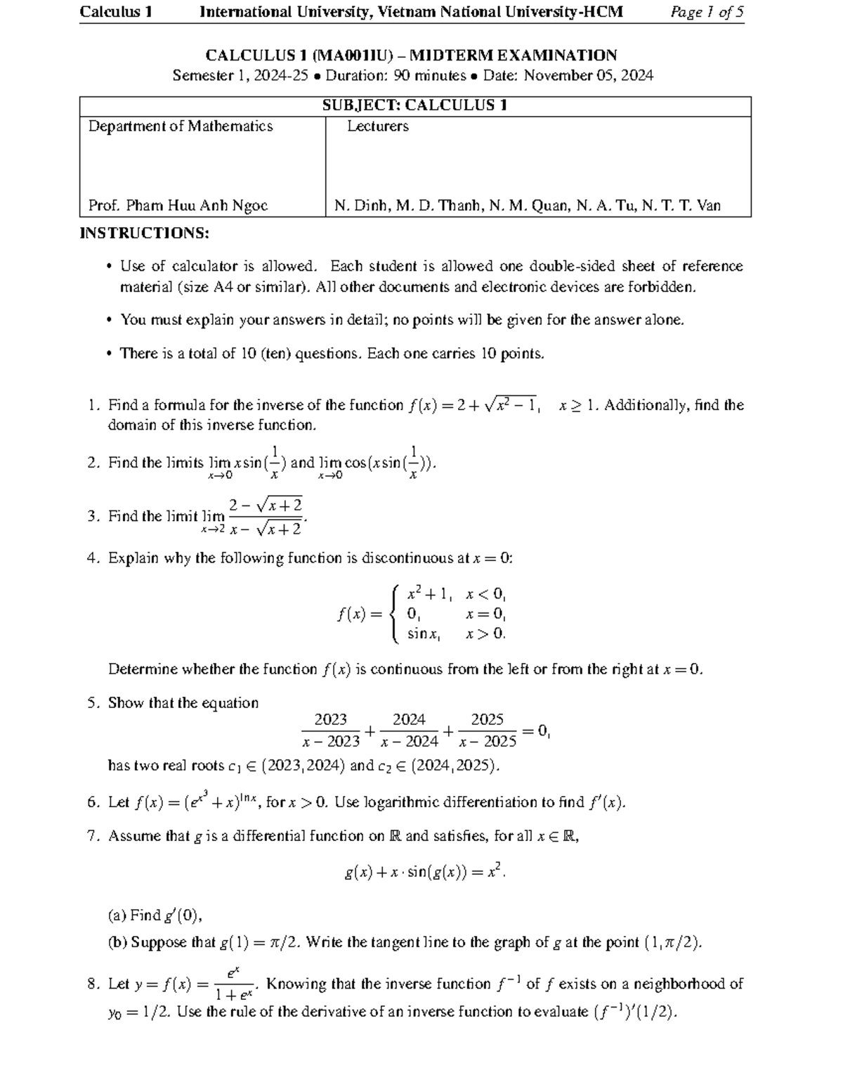 Calculus 1 (MA001IU) Midterm Exam - International University 2024 - Studocu
