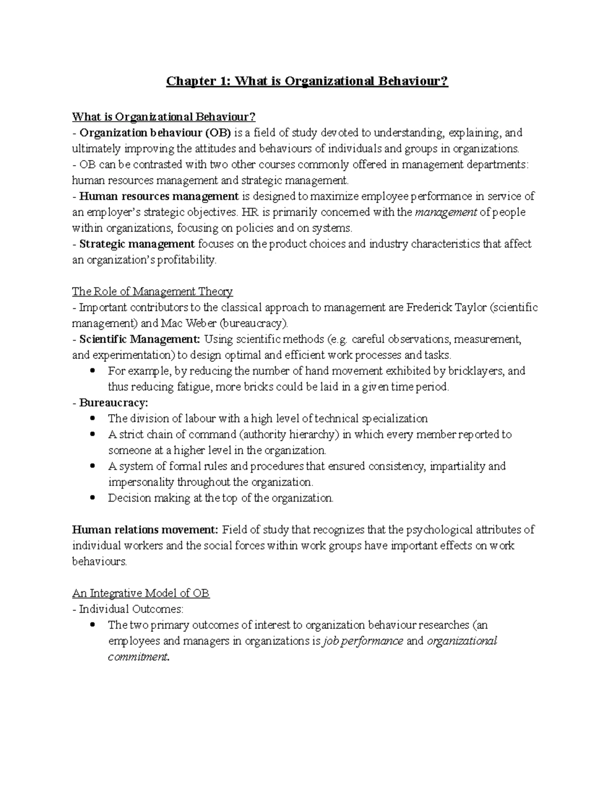 ADMS 2400 Quiz 1 Study Notes on Organizational Behaviour Concepts - Studocu