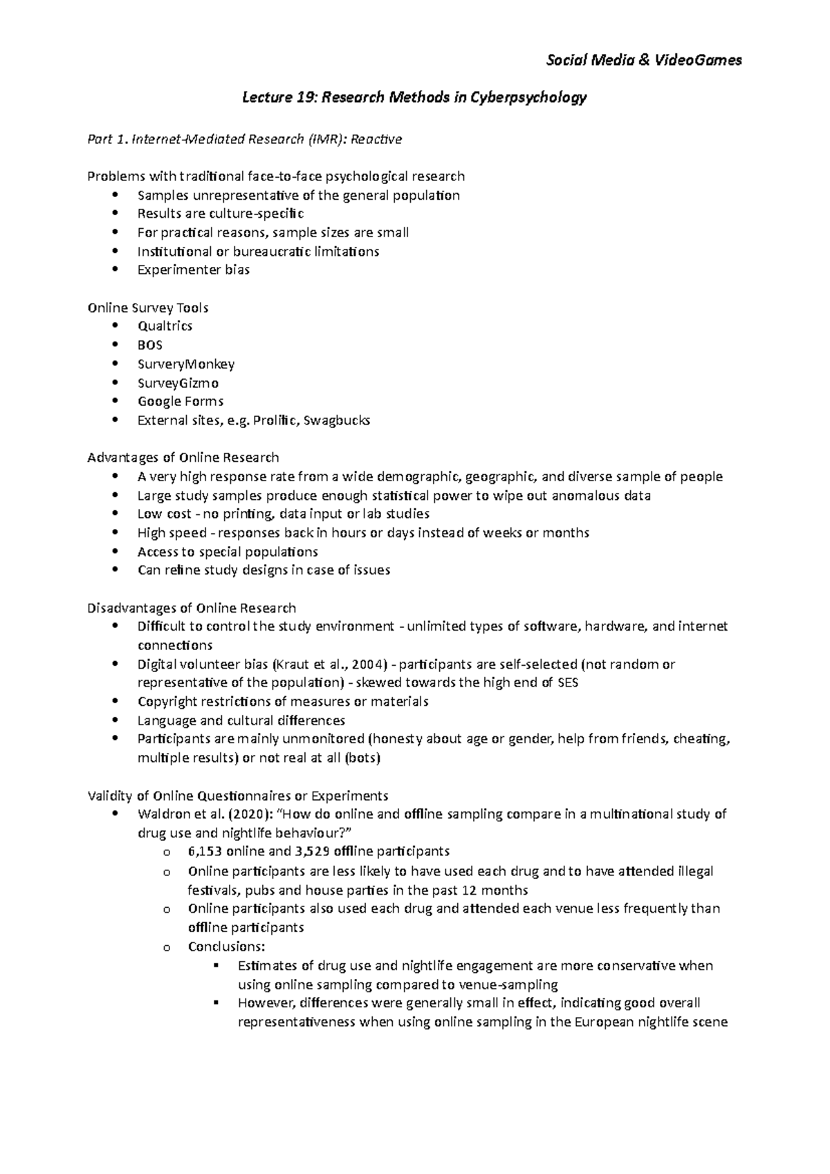 Research Methods in Cyberpsychology - Lecture 19 Overview - Studocu