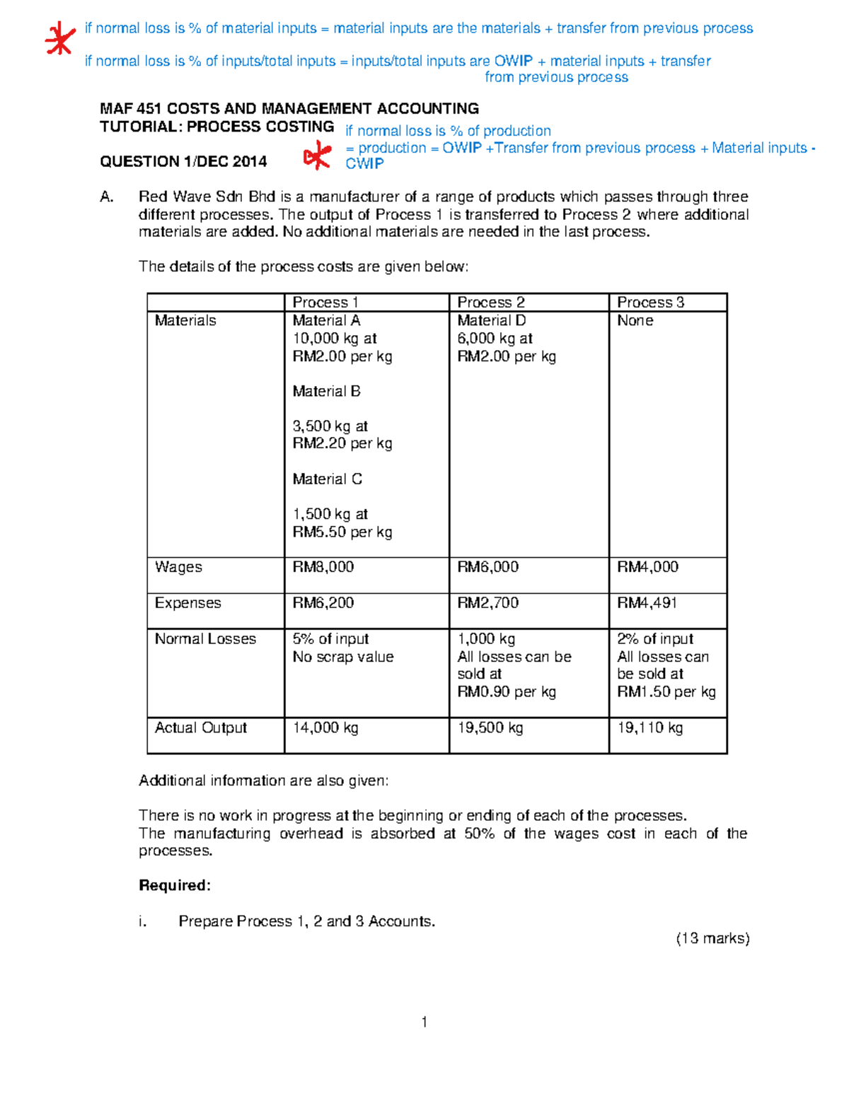 MAF 451 COSTS AND MANAGEMENT ACCOUNTING TUTORIAL: PROCESS COSTING Q&A -  Studocu