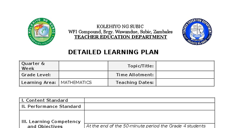 Detailed Learning Plan for Grade 4 Mathematics - TEACHER EDUCATION DEPT ...