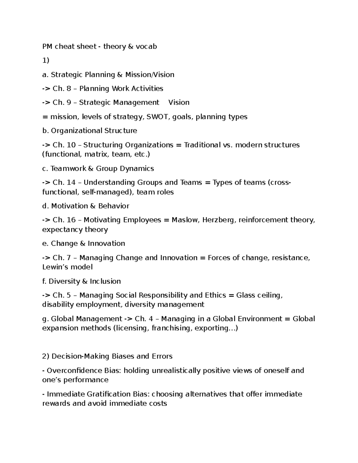 PM Cheat Sheet - CGBRSA: Key Concepts in Management and Strategy - Studocu