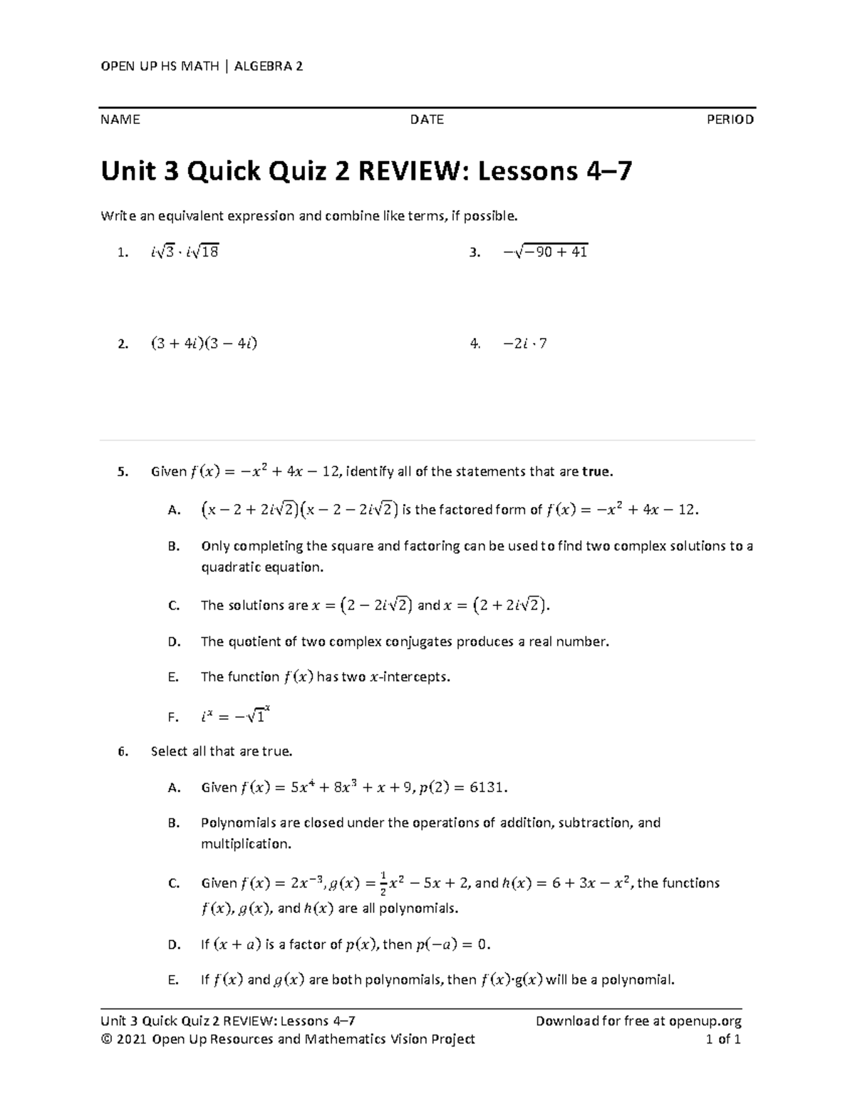OPEN UP HS MATH ALGEBRA 2 Unit 3 Quick Quiz 2 Review - Studocu