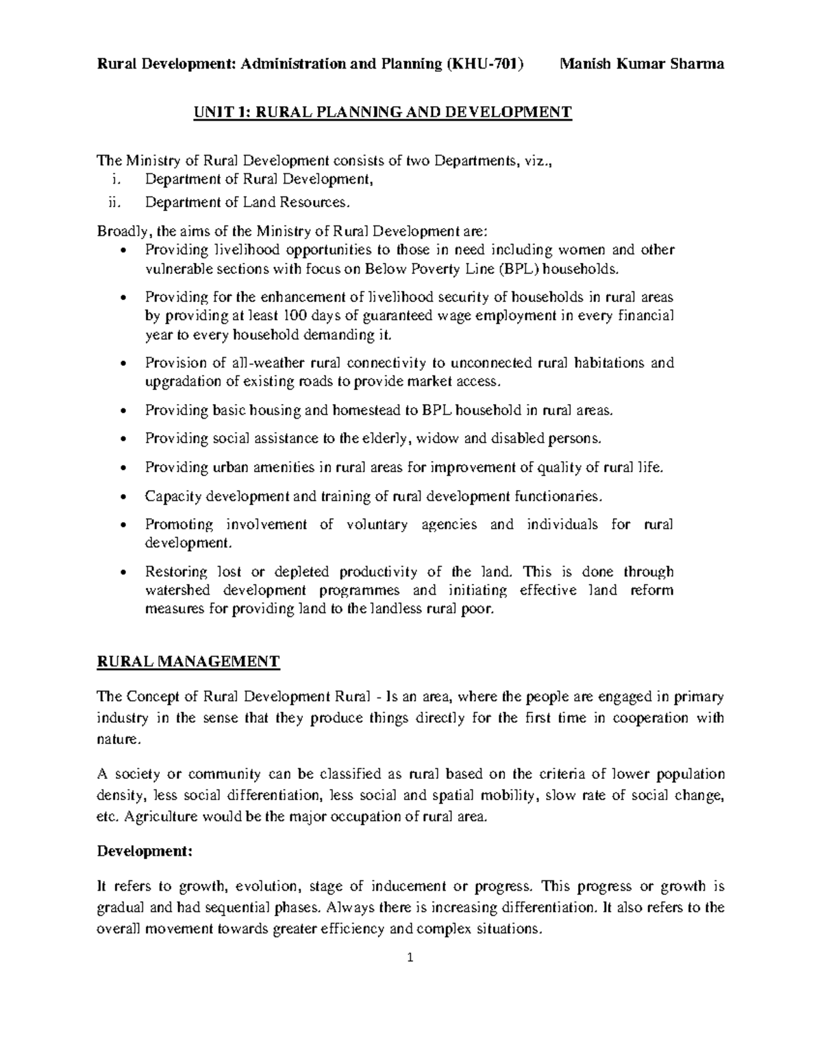 1 UNIT-1 Rural Planning & Development - UNIT 1: RURAL PLANNING AND ...