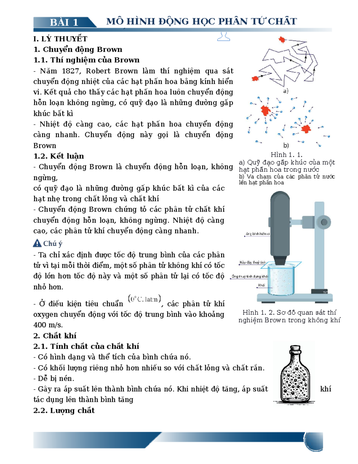 BÀI 1: LÝ THUYẾT VỀ CHUYỂN ĐỘNG BROWN VÀ MÔ HÌNH ĐỘNG HỌC PHÂN TỬ CHẤT KHÍ - VẬT - Document Preview