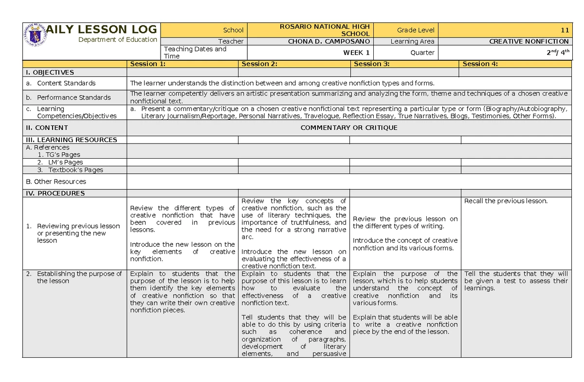Grade 11 Creative Nonfiction Lesson Log - Week 7 (Quarter 1) - Studocu