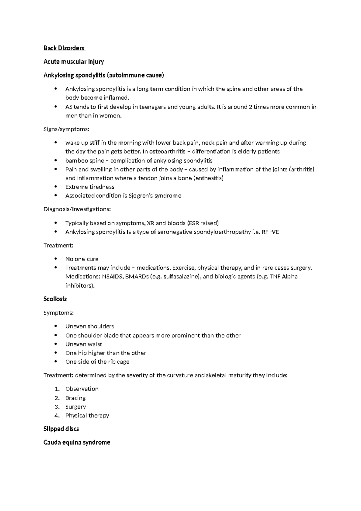 Back Disorders - notes - Back Disorders Acute muscular injury ...