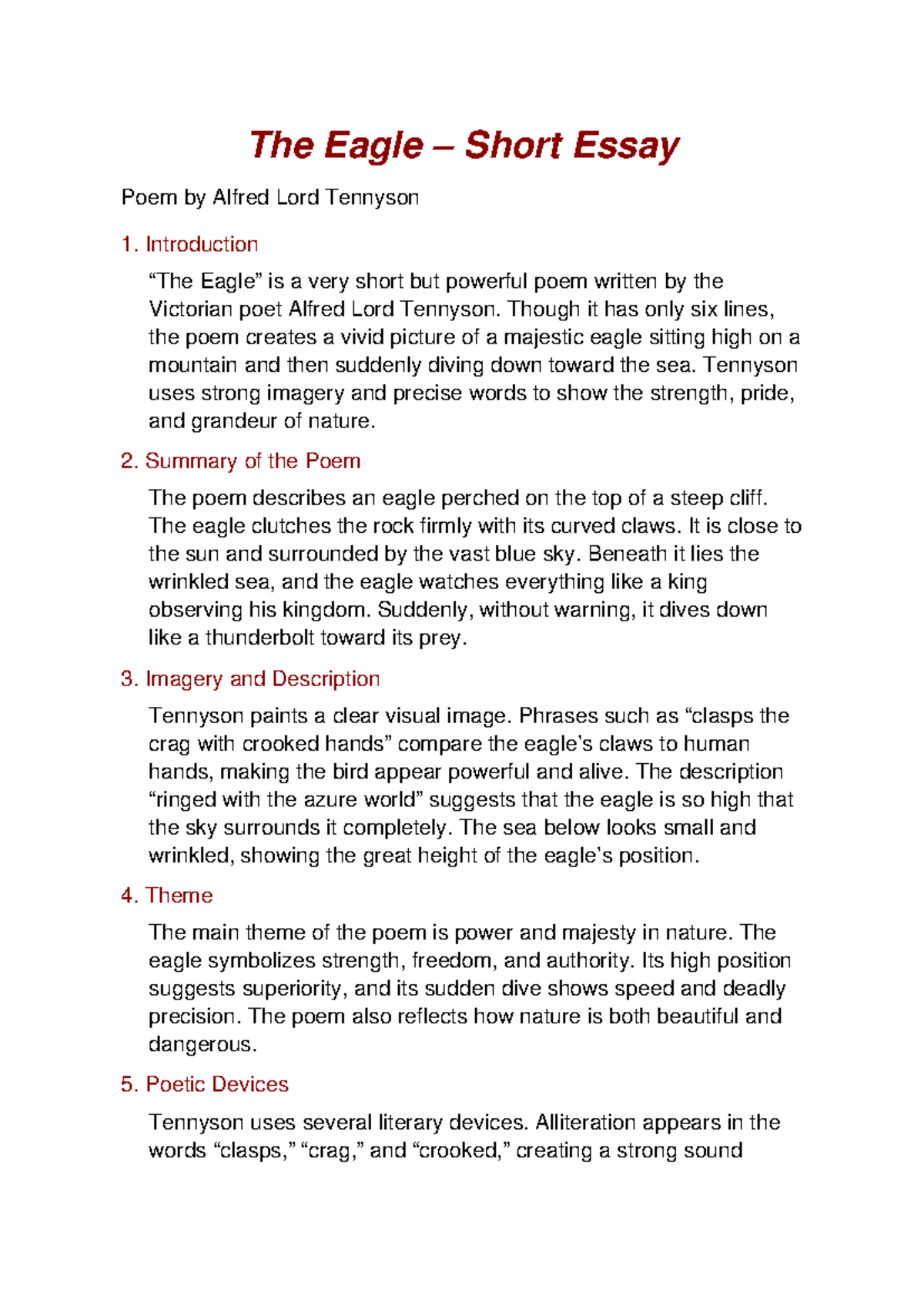 ENG 101: The Eagle - Short Essay Analysis of Tennyson's Poem - Studocu