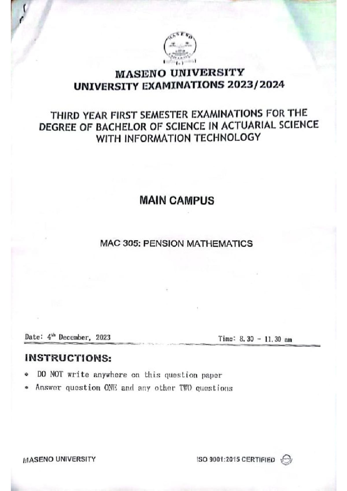 MAC 305: Pension Mathematics Exam Revision Notes for 2023 - Studocu