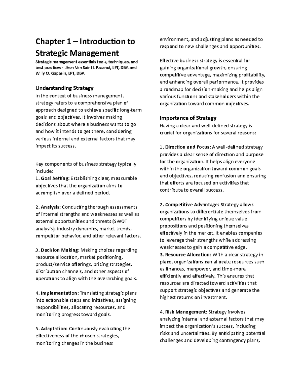 Chapter 1 - Introduction to Strategic Management: Key Concepts and ...