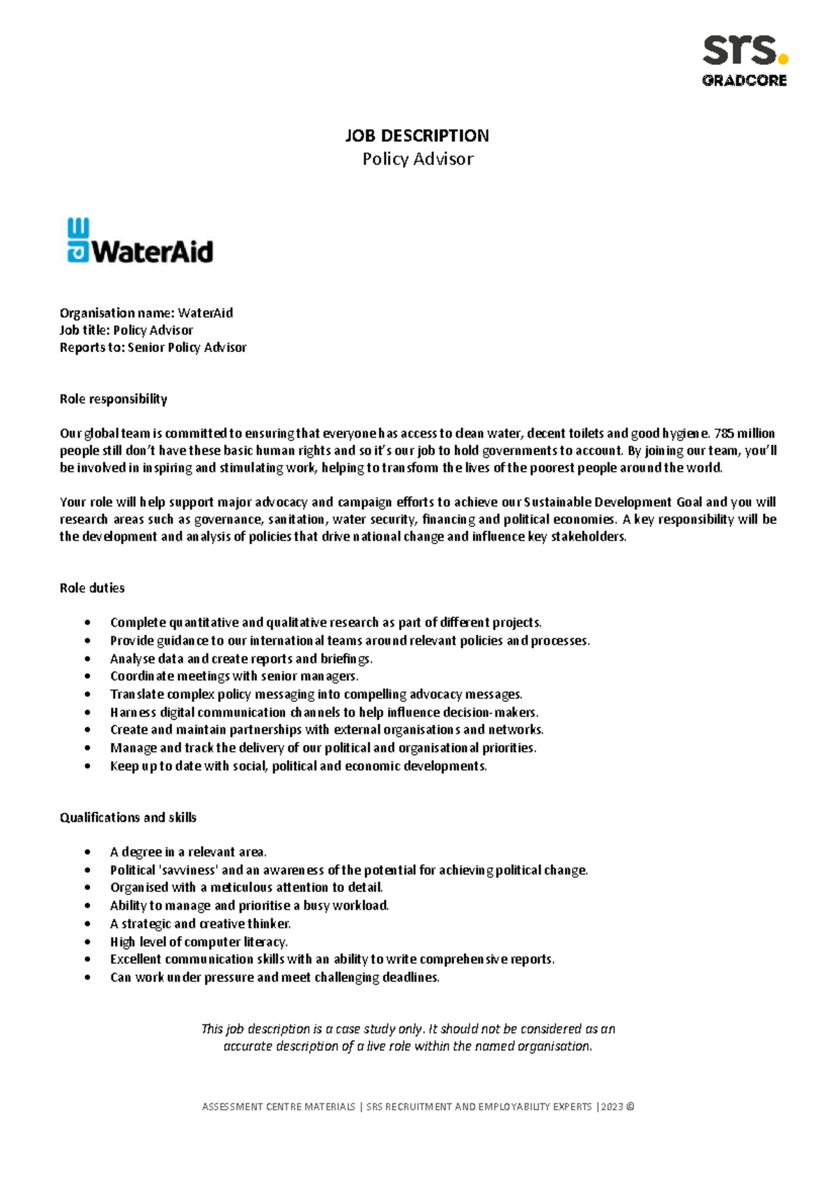 WaterAid Policy Advisor Job Description & Case Study Analysis - Studocu