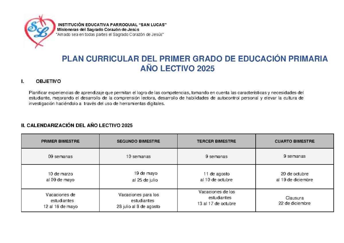 Plan Curricular 2025: Primer Grado de Educación Primaria - Studocu