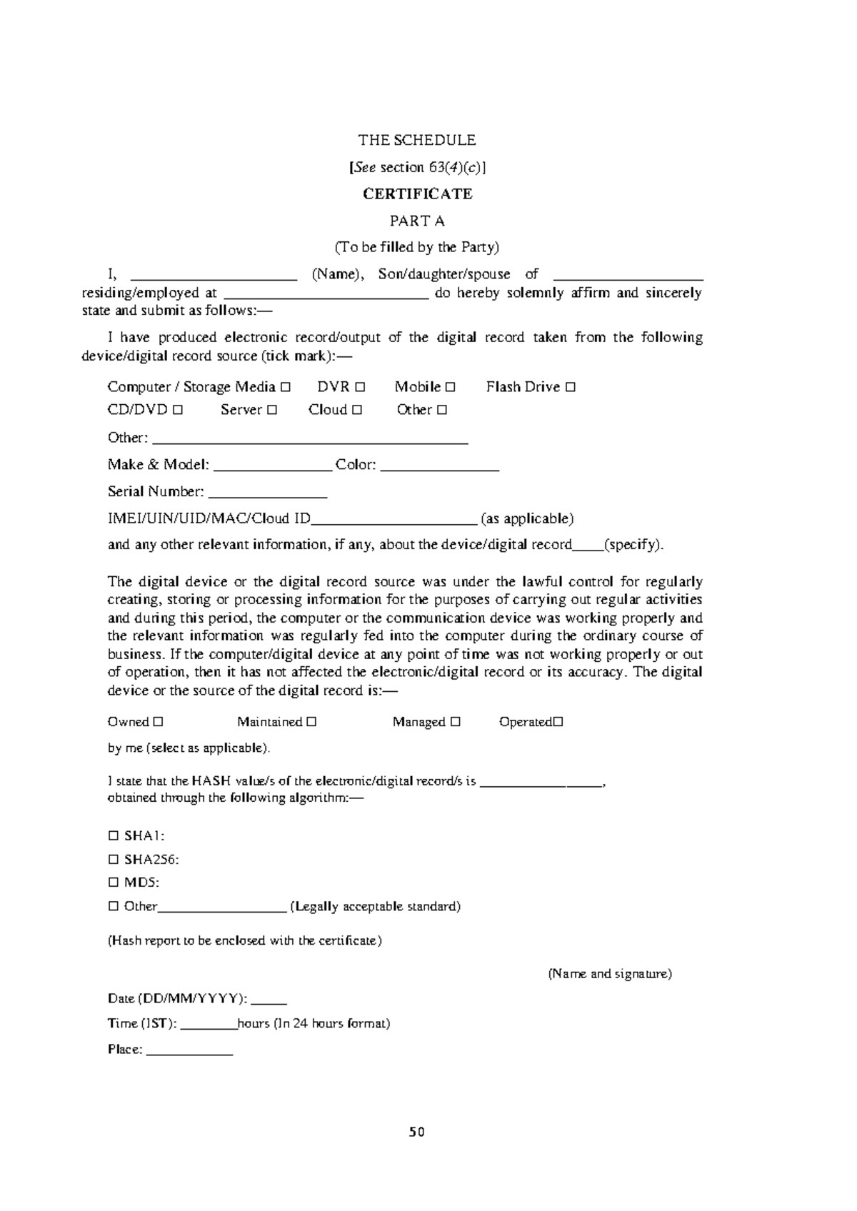 Certificate Part A Schedule for Digital Record Submission 63(4) - Studocu