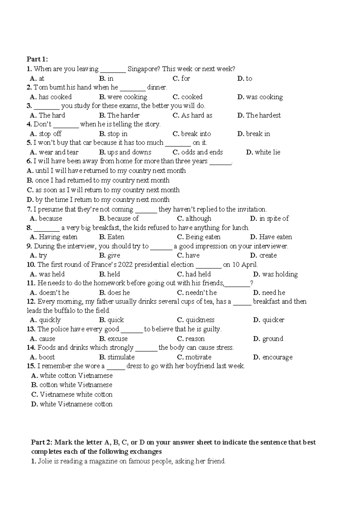 đề ôn thi thptqg 03 - practice assignments - Part 1: When are you ...